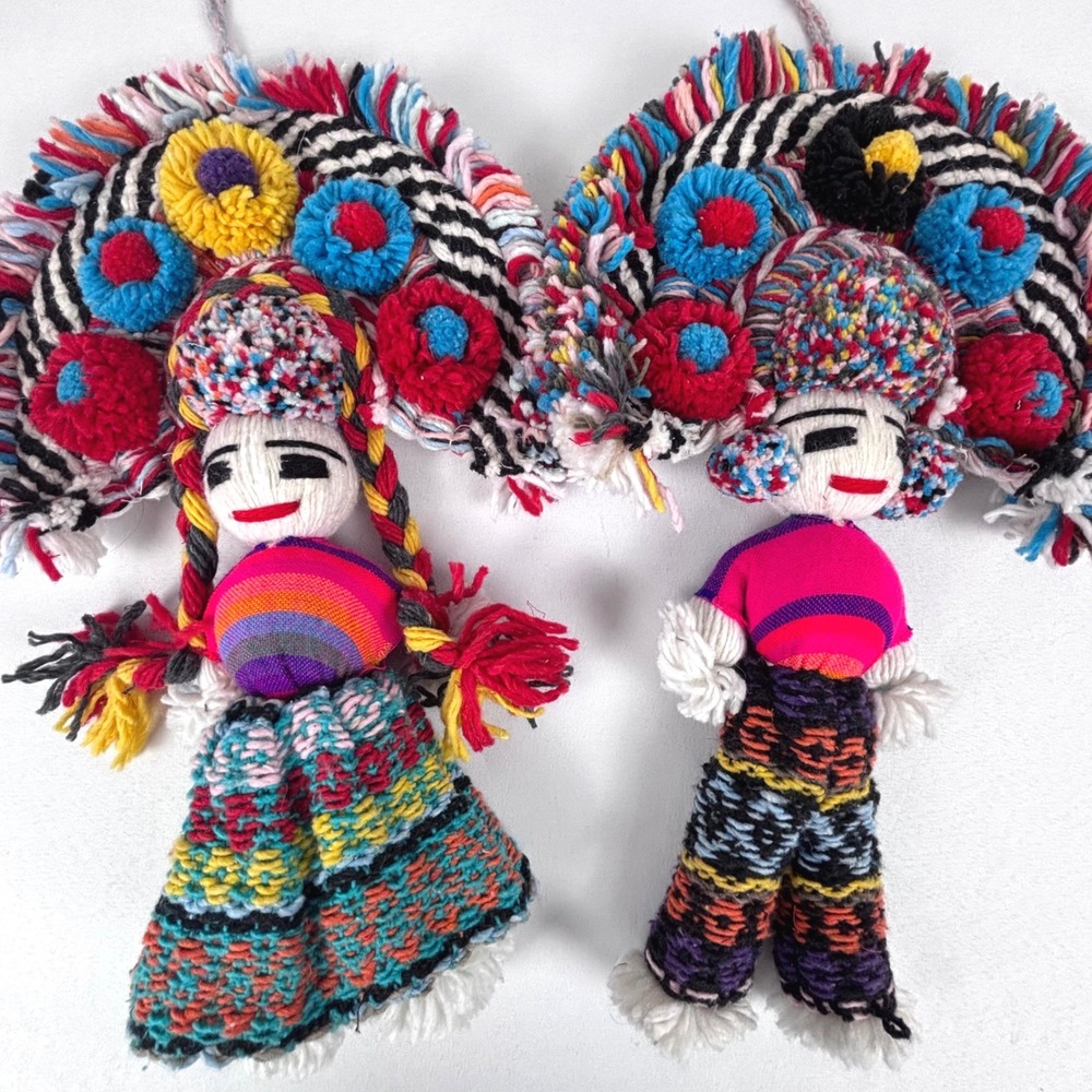 Vintage Mexican Aztec Yarn Folk Art Dolls Girl Boy Set of 2 17" EUC